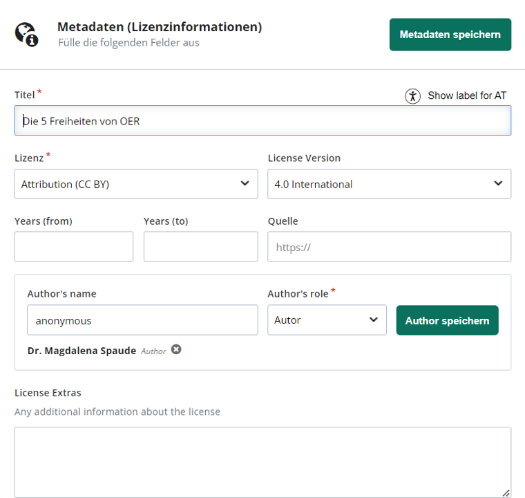 Ansicht der Eingabefelder im Metadateneditor wie Titel, CC-Lizenz, die Version der CC-Lizenz, Jahre (von und bis), Quelle (Link) sowie Name der Urheber*innen.