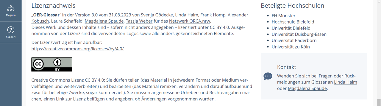Screenshot ILIAS-Oberfläche: Lizenzhinweis für das "OER-Glossar". Text und Logo der CC-BY-Lizenz. Text folgt der TULLU+A-Regel: Titel, Urheber*innen, Lizenz (CC BY 4.0), Link zur Lizenz, Ausnahmen von der Lizenz wie Logos.