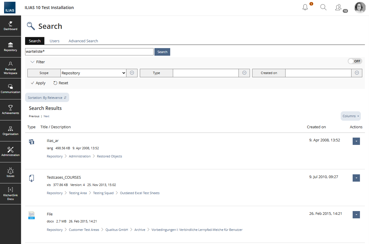 Screenhot Search Results in ILIAS 10