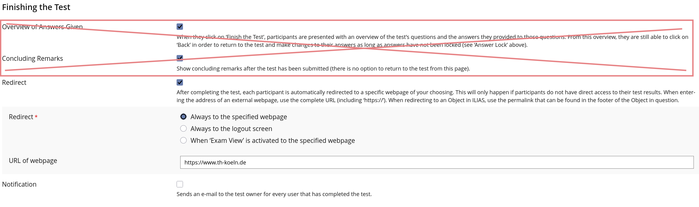 Mockup Test Confirm Page Settings: Finishing the Test - Settings that will be removed