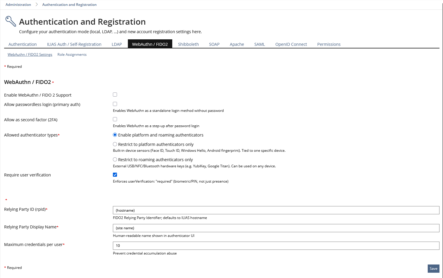 A new tab in the Administration in Authentication and Registration is added for WebAuthn / FIDO2