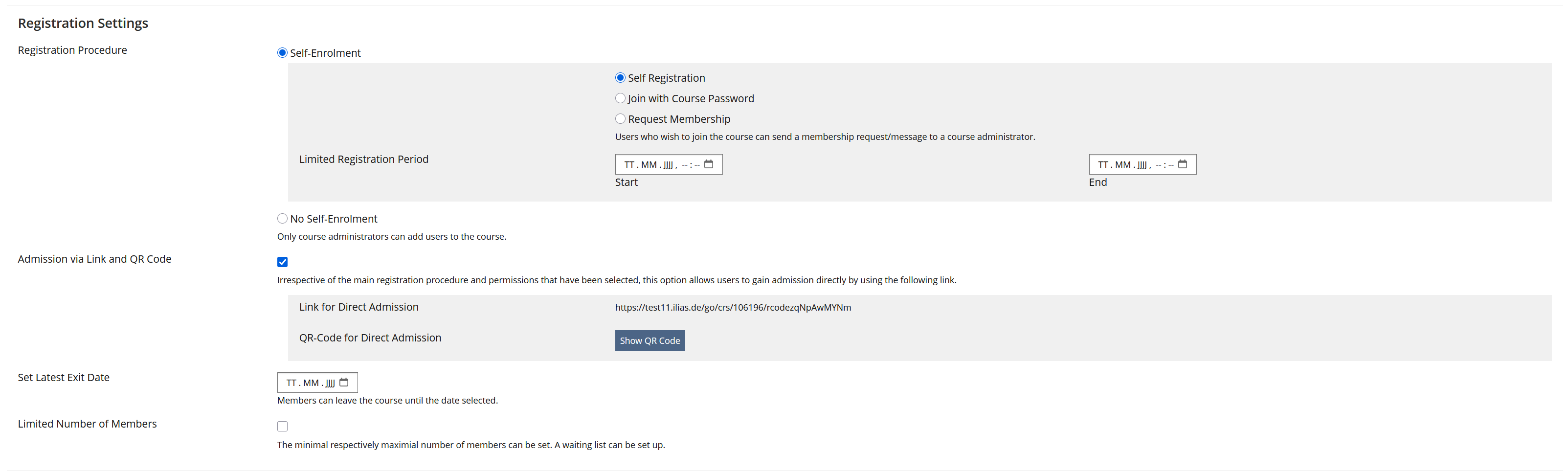 Screenshot of Registration Settings section in a course with a new QR Code Button