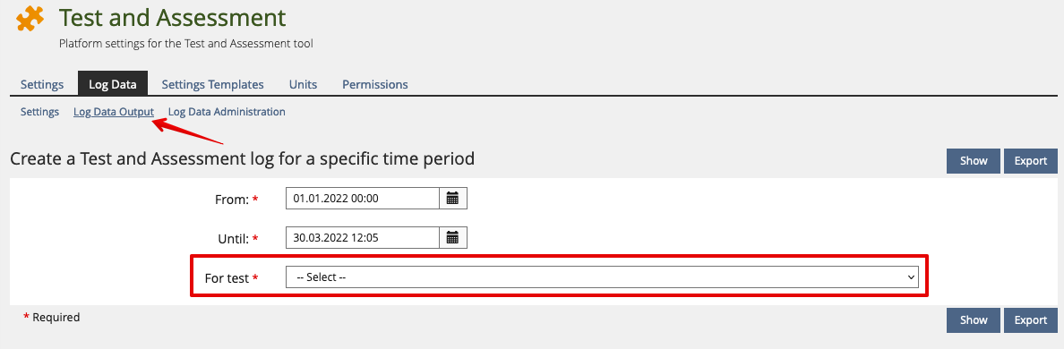 Screenshot T&A Administration Log Data Output Page