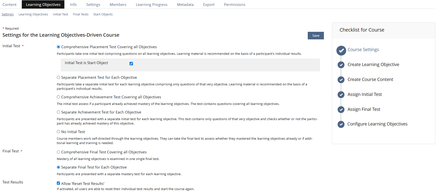 screenshot of settings