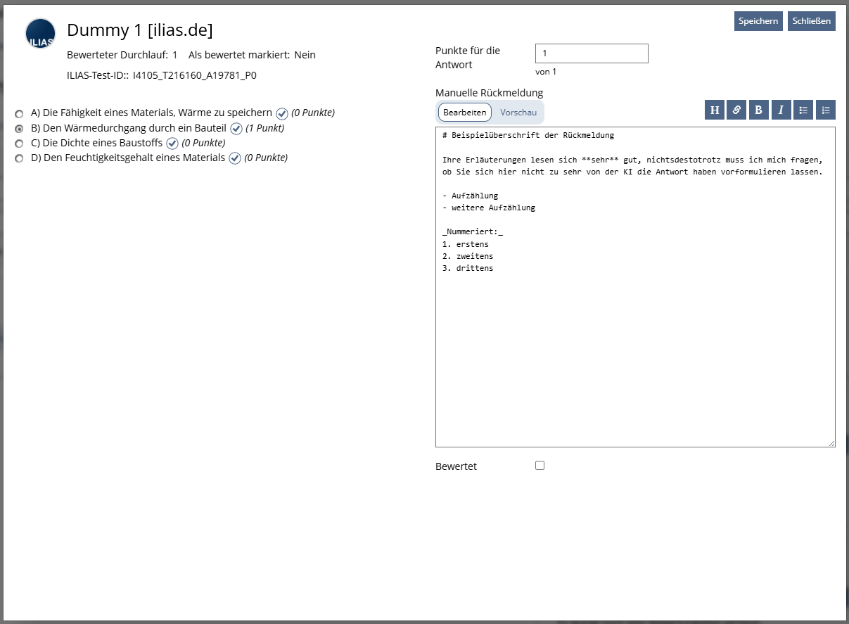 Screenshot formatierte Rückmeldung