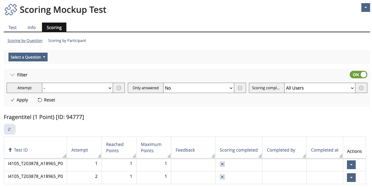 Mockup Tab Scoring - Subtab "Scoring by Question" as User with only right "Score" and Setting "Pseudonymized Scoring" activated