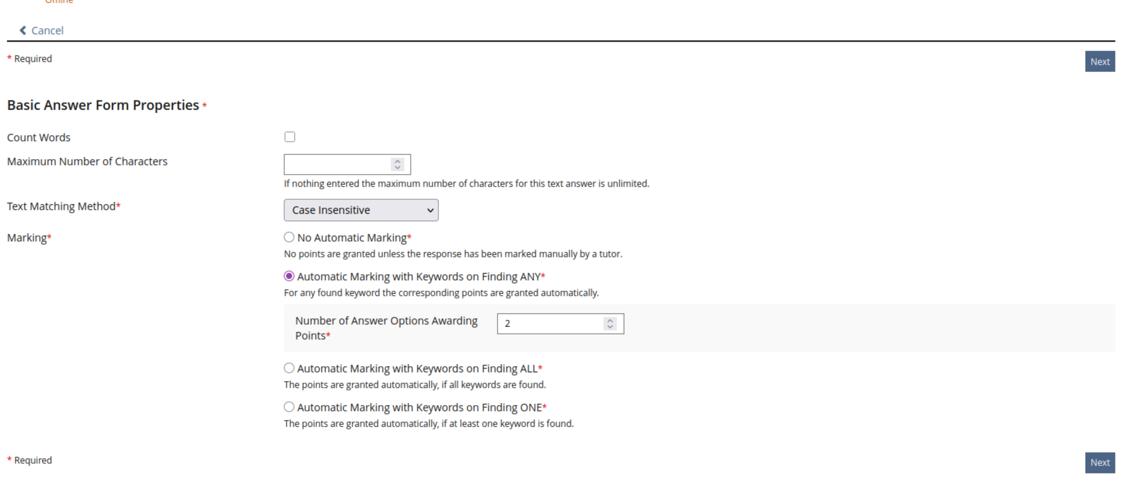 The page shows a form with the fields "Count Words", "Maximum Number of Characters" (can be left empty), "Text Matching Method", and "Marking".